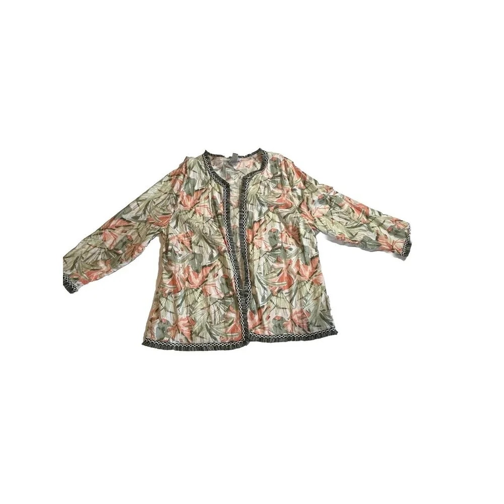 Chicos Havana Fringe Trim Linen Blend Jacket Tropical Floral Size 3 Womens XL - Picture 2 of 10
